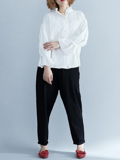Jacquard Falbala Puff Sleeves Blouse