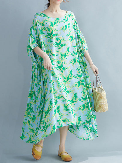 Stylish Printed Round-Neck Batwing Sleeve Midi Dress
