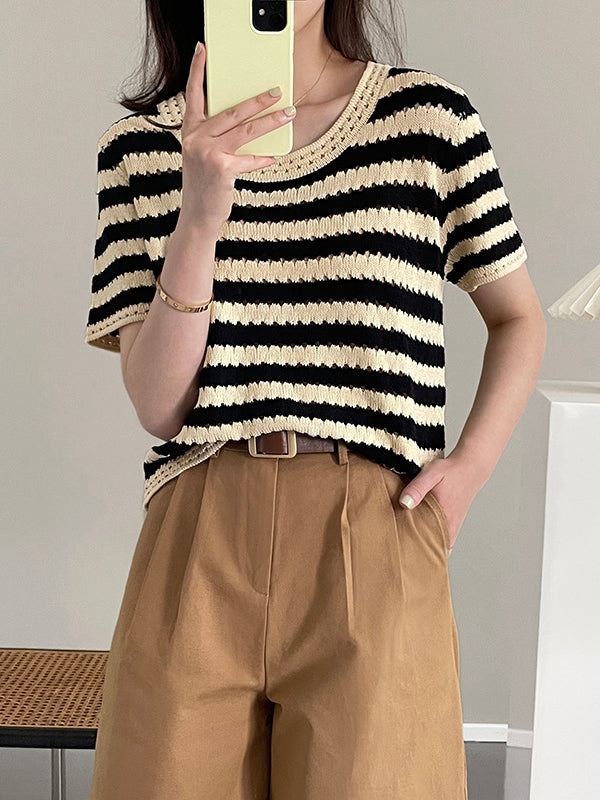 Simple Black White Contrast Color Striped Knitting T-Shirt