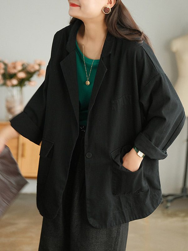 Simple Solid Color Notched Collar Batwing Sleeve Outerwear