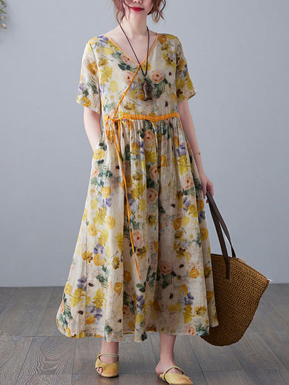 Original Artistic Retro Loose Tied Floral Printed Pleated V-Neck Short Sleeves Midi Dress