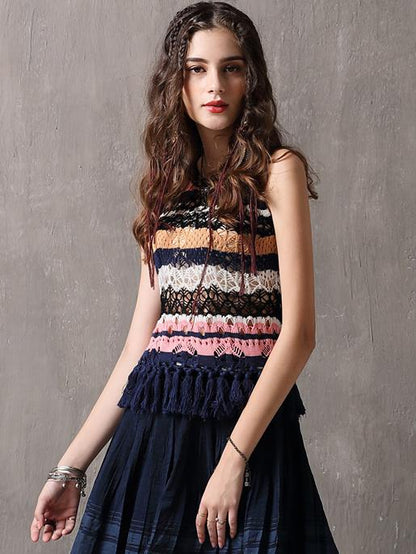 Striped Tasseled Kintwear Sleevesless Shirt