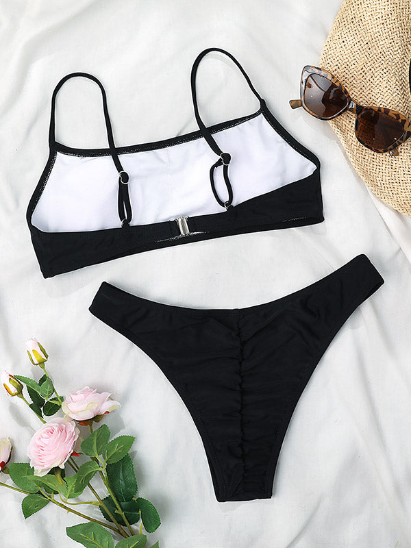 Solid Color U-Neck Backless Bikini Swimwear