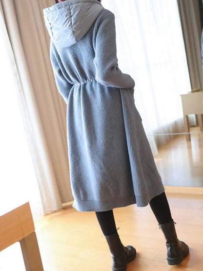 Casual Loose Solid Color Split-Joint With Pocket Buttoned Drawstring Hooded Long Sleeves Knitted Cardigan Outwear