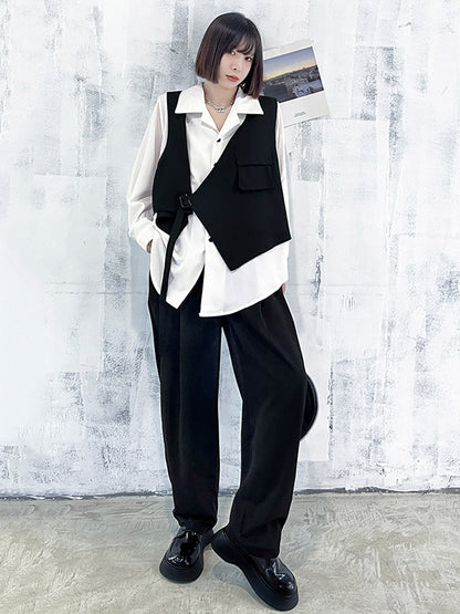 Original Stylish Loose Irregular Cropped Tied Buttoned Lapel Collar Long Sleeves False Two Blouse&Wide Legs Pants 2 Pieces Set