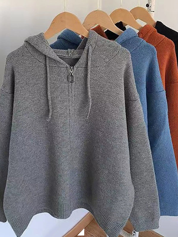 Fashion Solid Knitted Long Sleeves Hooded Outerwear