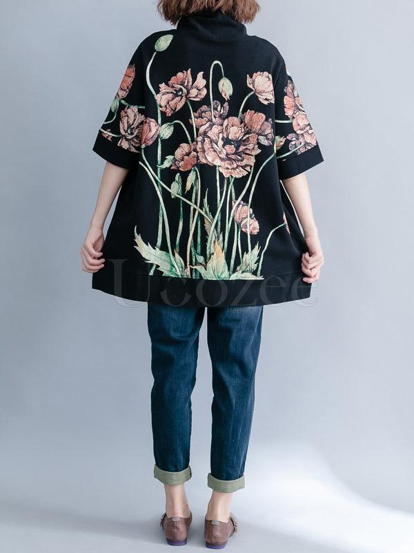 Casual Floral Printed High-neck Sweatshirt