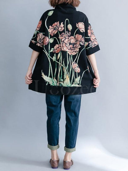 Casual Floral Printed High-neck Sweatshirt