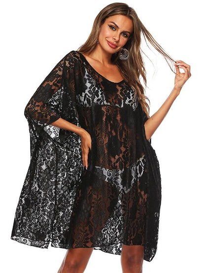 Fashion Solid Lace Bikini Sunscreen Loose Cover Up