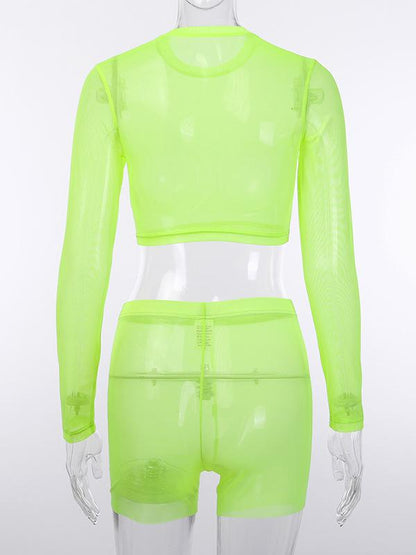 Mesh Long Sleeves Tops And Wrap Shorts Suits