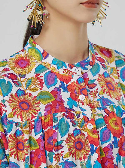 Stylish Floral Printed Stand Collar Buttoned Loose Long Sleeves Midi Dress