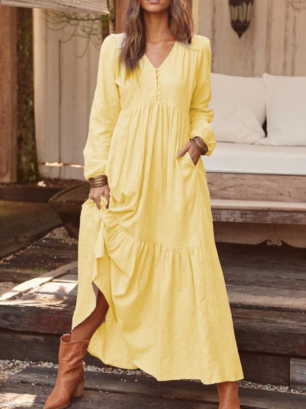 Long Sleeve Simple V-neck Maxi Dress