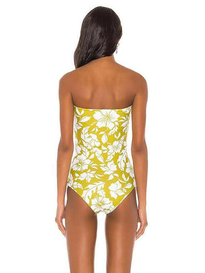Strapless Bowknot Floral Printed One-Piece Swimwear