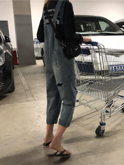 LOOSE DENIM BLUE HOLLOW JUMPSUITS