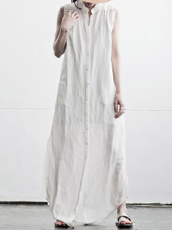 Simple White Sleeveless Stand Collar Long Dress