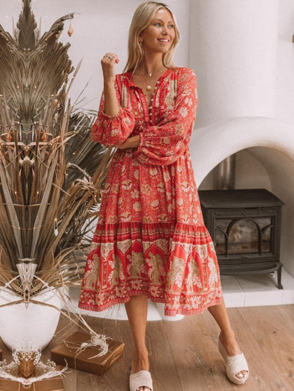 Printed Long Sleeves Lace-up Midi Dress