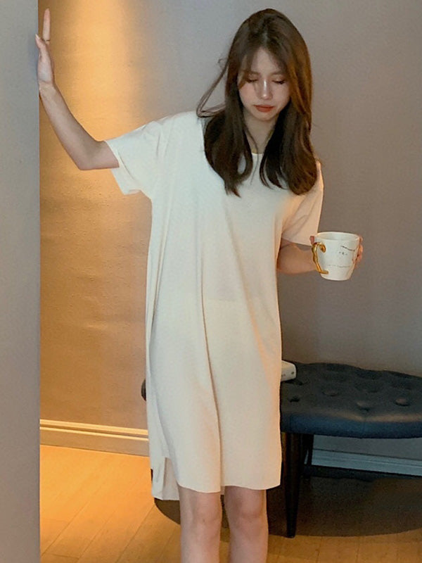 Casual Solid Color Short Sleeve Round-Neck Dress