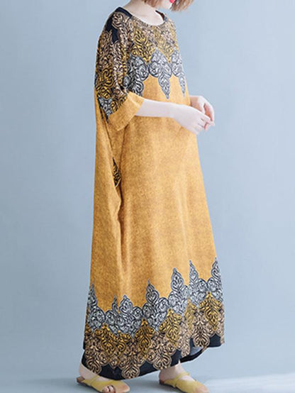 Casual Floral Printed Round-neck Maxi Dress