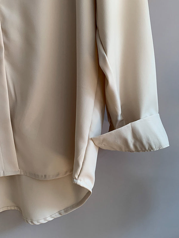 Simple Solid Color Buttoned Lapel Long Sleeves Blouse Tops