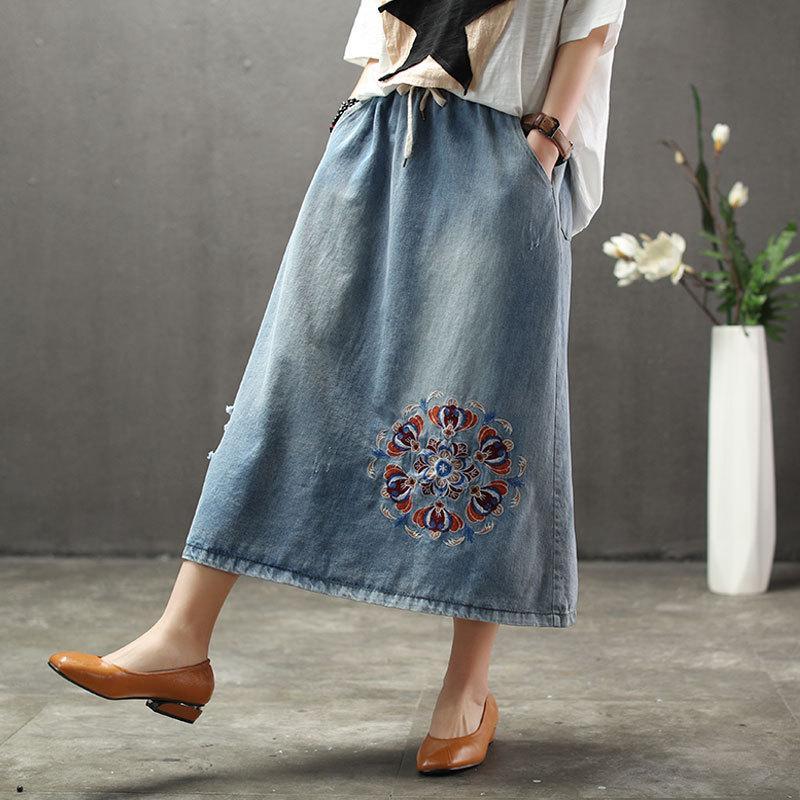 Denim Floral Embroidery A-Line Women Skirt