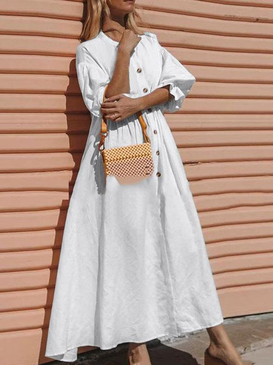 Solid Puff Sleeves Maxi Dresses