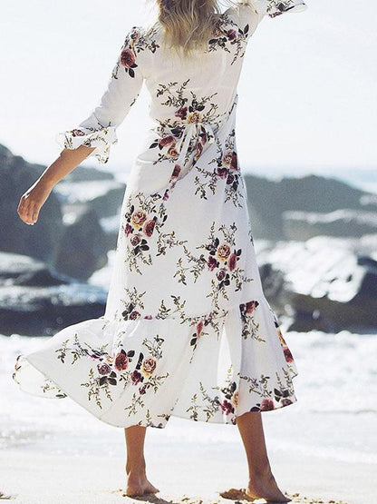 Floral-Print Long Sleeves Bohemia Maxi Dress