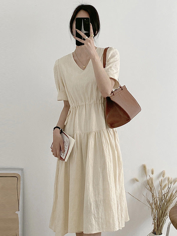 Urban Solid Color V-Neck Drawstring Short Sleeves Midi Dress