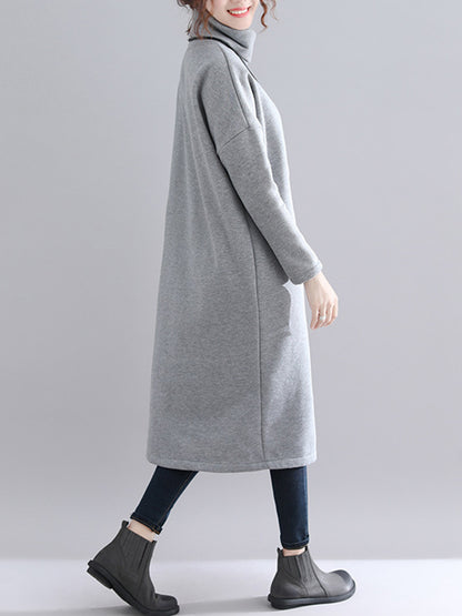 Simple Solid Color With Pocket High-Neck Long Sleeves Sweatshirt Dress