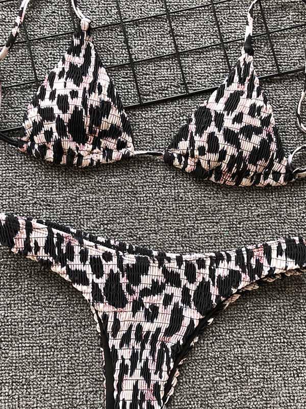 Leopard Smocked Lace Up Bikini Swimsuit