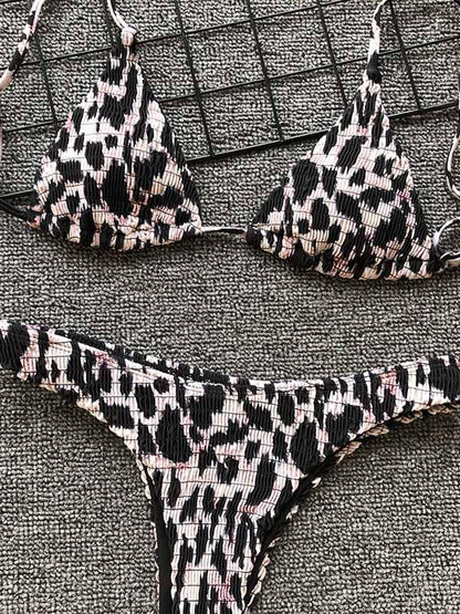 Leopard Smocked Lace Up Bikini Swimsuit