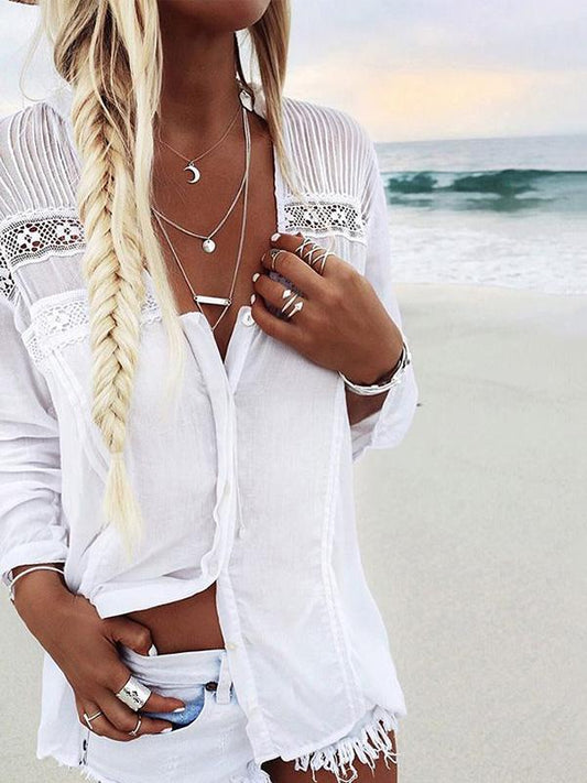 Lace Pannel Long Sleeves Blouses&shirts Tops