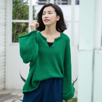 Buykud Simple Solid Color V-neck Ultra-loose Sweater