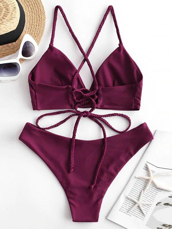 Solid Color Backless Bandage Split Bikini Swimsuit