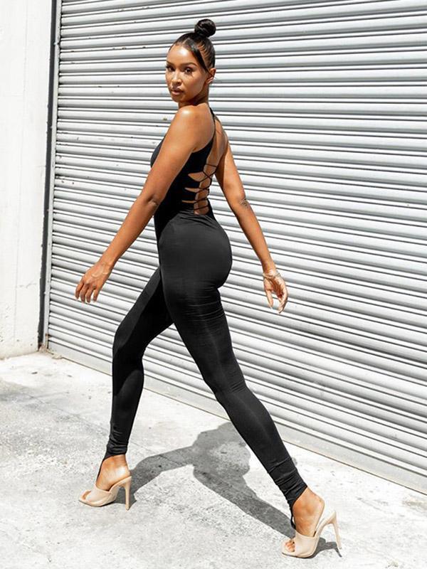 Solid Color Sleeveless Back Bandage Jumpsuits