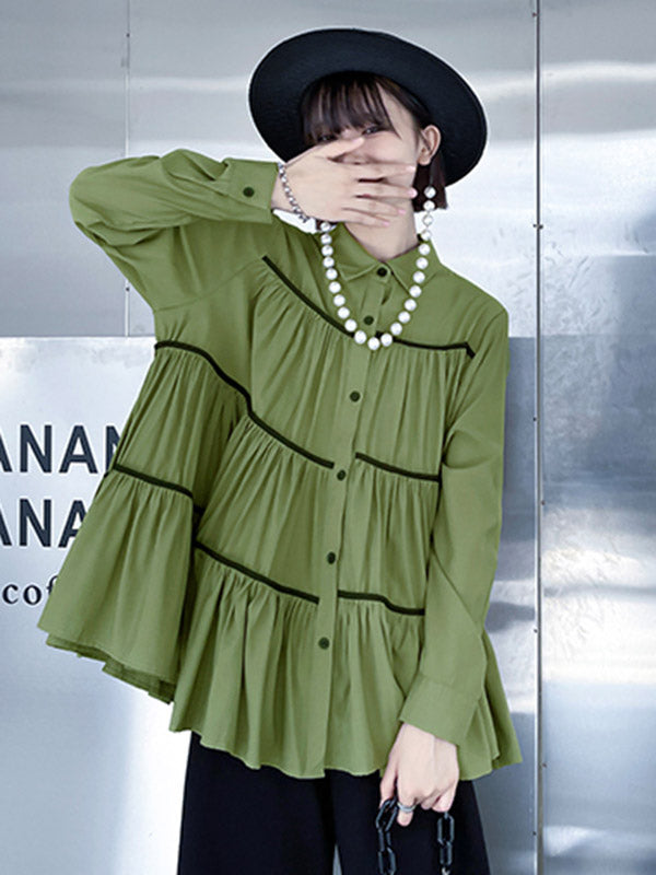 Original Buttoned Pleated Lapel Long Sleeves Blouse Tops