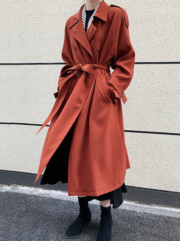 Chic Solid Color Buttoned Tied Notched Collar Long Sleeves Trench Coat