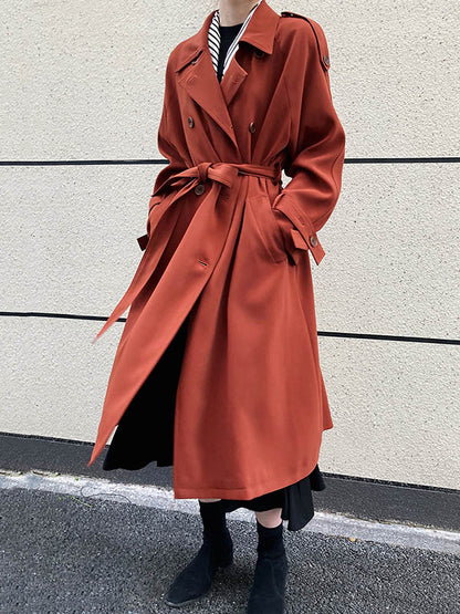 Chic Solid Color Buttoned Tied Notched Collar Long Sleeves Trench Coat