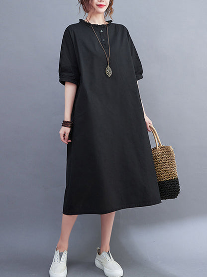 Simple Casual Artistic Retro Loose Solid Color Falbala Ramie Cotton Midi Dress