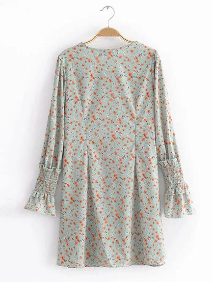 V-neck Floral Long Sleeves Button Front Mini Dress