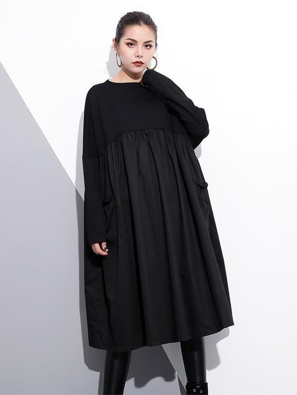 Loose Black Split-joint Long Sleeves Dress