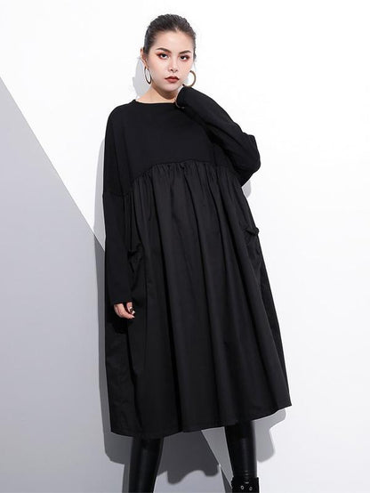 Loose Black Split-joint Long Sleeves Dress