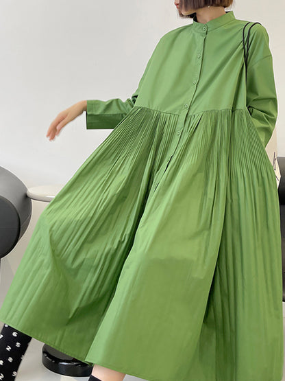 Simple Solid Color Pleated Stand Collar Midi Dress