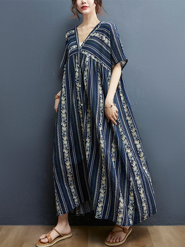 Floral Printed Casual V-Neck Buttoned Midi Dress