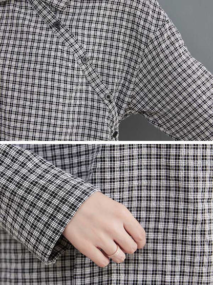 Artistic Retro Irregular Split-Joint Plaid Pleated Buttoned Elasticity Waist Lapel Collar Long Sleeves Midi Shirt Dress