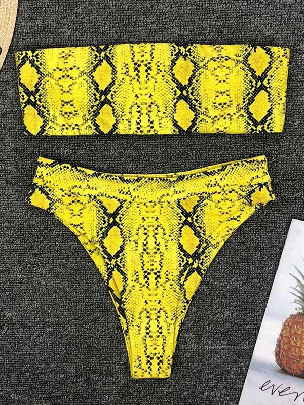 Snakeskin Print Top With High Cut Bikini Set
