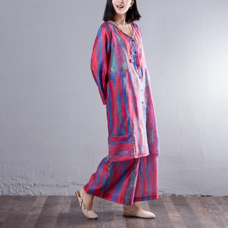 Casual Two-Piece V Neck Single Breasted Shirt Colorful Pant