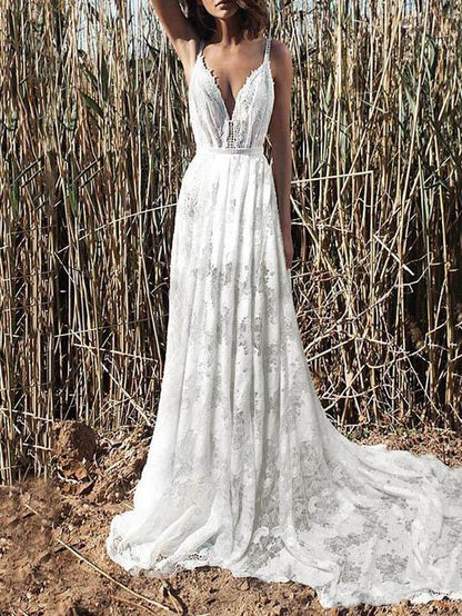 Deep V-neck Backless Big Hem Wedding Dress