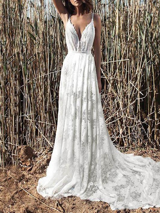 Deep V-neck Backless Big Hem Wedding Dress