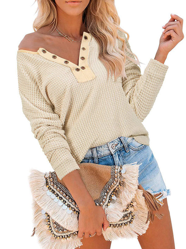 Casual Solid Color V-Neck Long Sleeves T-Shirt Tops