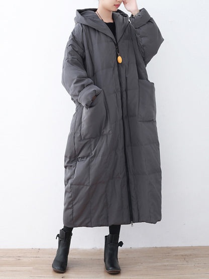 Simple White Duck Down Over Knee Solid Color Zipper Hooded Down Wear Coat